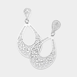 Metal Flower Filigree Teardrop Dangle Earrings