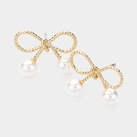 Pearl Tip Textured Metal Bow Stud Earrings