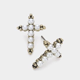 Pearl Cross Stud Earrings