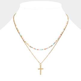 Metal Ball Cross Pendant Seed Beaded Double Layered Necklace