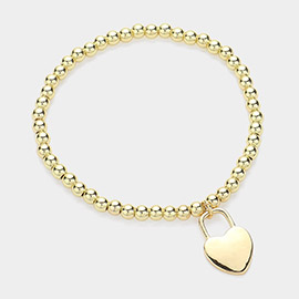 Stainless Steel Heart Lock Charm Stretch Ball Bracelet