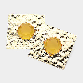 Oversized Clear Stone Pointed Textured Square Metal Earrings