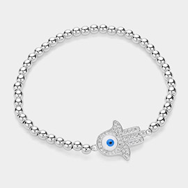 Stainless Steel Stone Paved Evil Eye Hamsahand Pointed Stretch Bracelet