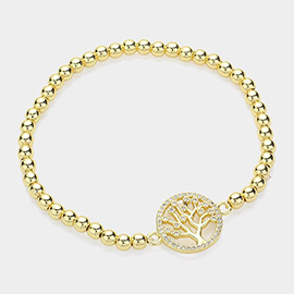 Stainless Steel Stone Paved Tree of Life Pointed Stretch Bracelet