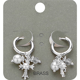 Pearl Cross Charm Dangle Huggie Hoop Earrings