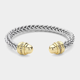 CZ Stone Paved Round Tip Metal Braided Two Tone Cuff Bracelet