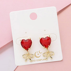 Heart Glass Stone Cluster Metal Bow Dangle Earrings