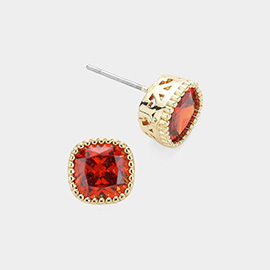 14K Gold Plated Square CZ Stone Stud Earrings