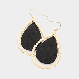 Wood Teardrop Metal Rim Dangle Earrings