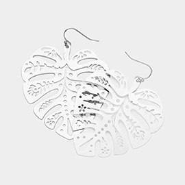 Brass Metal Tropical Leaf Filigree Teardrop Dangle Earrings