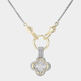 14K Gold Plated Two Tone CZ Stone Paved Quatrefoil Pendant Necklace