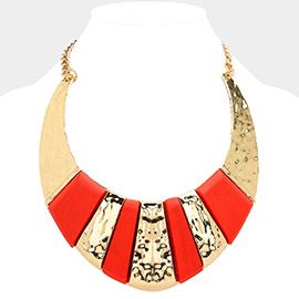 Wood Pointed Hammered Metal Curved Bib Necklace