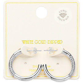 White Gold Dipped CZ Stone Paved Favoring Hoop Earrings