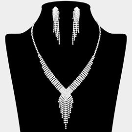 Rhinestone Pave Fringe Necklace & Clip Earring Set