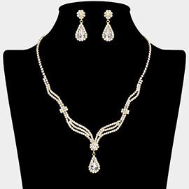 Teardrop Stone Pendant Accented Rhinestone Paved Wavy Necklace