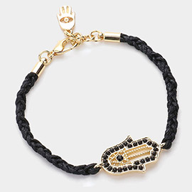 Stone Paved Evil Eye Hamsa Hand Pointed Raffia Braided Bracelet