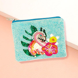 Flamingo Flower Tropical Leaf Sequin Seed Beaded Mini Pouch Bag