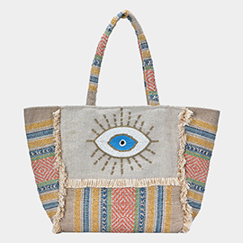 Evil Eye Seed Beaded Pointed Fringe Trim Ethnic Jute Tote Bag