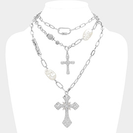 Chunky Pearl Pointed Stone Paved Cross Pendant Layered Necklace