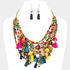 Boho Style Wood Multi Beaded Statement Necklace