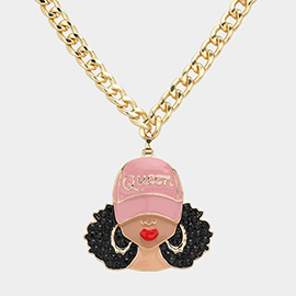 Enamel Afro Woman in Queen Hat Pendant Chunky Chain Necklace