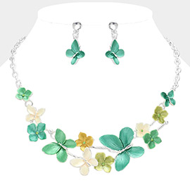 Colored Metal Butterfly Flower Link Bib Necklace