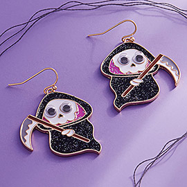 Eye Pointed Glittered Enamel Skull Grim Reaper Dangle Earrings