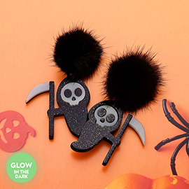 Glow In The Dark Pom Pom Skull Grim Reaper Dangle Earrings