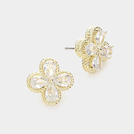 Teardrop CZ Stone Embellished  Clover Stud Earrings