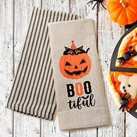 2PCS - BOOtiful Message Halloween Pumpkin Printed Striped Kitchen Towel Set