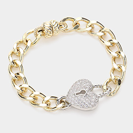 14K Gold Plated CZ Stone Paved Heart Lock Pointed Magnetic Bracelet