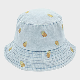 Embroidered Pineapple Light Denim Bucket Hat