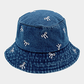 Embroidered Bow Denim Bucket Hat