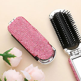 Bling Studded Portable Folding Mirror Hair Brush