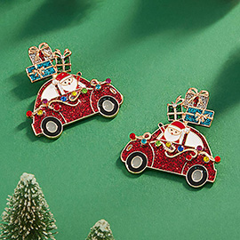 Glittered Enamel Christmas Santa Car Dangle Earrings