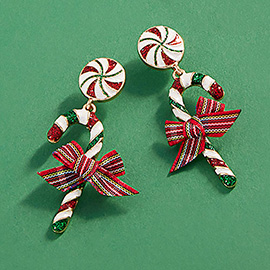 Bow Pointed Enamel Christmas Candy Cane Dangle Earrings