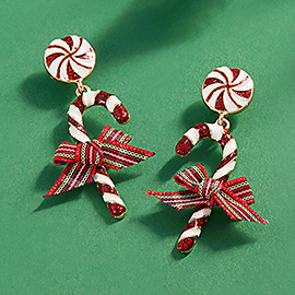 Bow Pointed Enamel Christmas Candy Cane Dangle Earrings