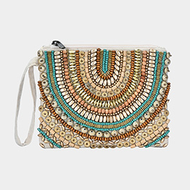 Ethnic Wood Metal Beaded Front Pouch Bag with Wristlet