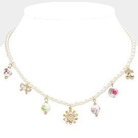 Pearl Bow Flower Cherry Charm Station Pearl Necklace
