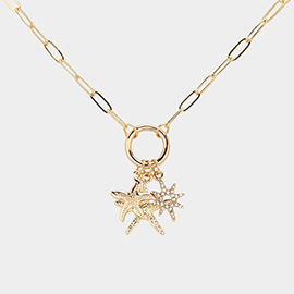 Triple Starfish Pendant Paperclip Chain Necklace