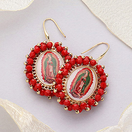 Virgin Mary Cross Printed Faceted Bead Cluster Dangle Earrings