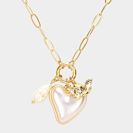 Pearl Heart Angel Charm Paperclip Chain Necklace