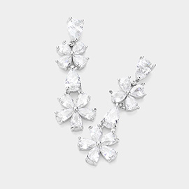 Flower CZ Stone Pointed Link Evening Dangle Earrings