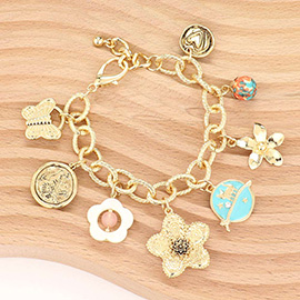 Metal Flower Enamel Earth Butterfly Heart Disc Charm Chain Bracelet