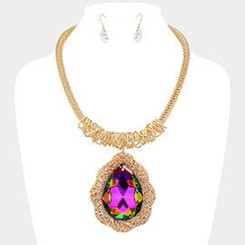 Oversized Teardrop Stone Pendant Mesh Chain Statement Necklace