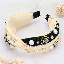 Pearl Enamel Flower Stone Embellished Two Tone Knot Headband