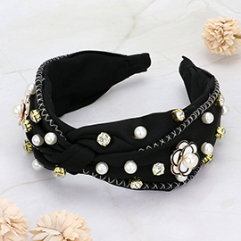 Pearl Stone Cluster Flower Embellished Knot Headband
