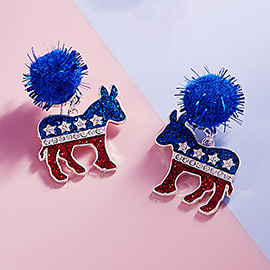 Pom Pom Glittered Enamel Democrat Donkey Dangle Earrings