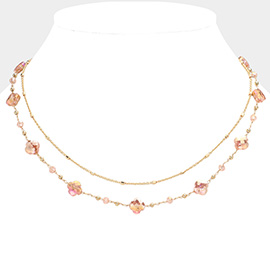 Faceted Quatrefoil Beaded Station Layered Chain Necklace