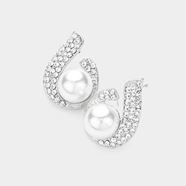 Pearl Pointed Stone Paved Teardrop Shaped Rim Evening Earrings